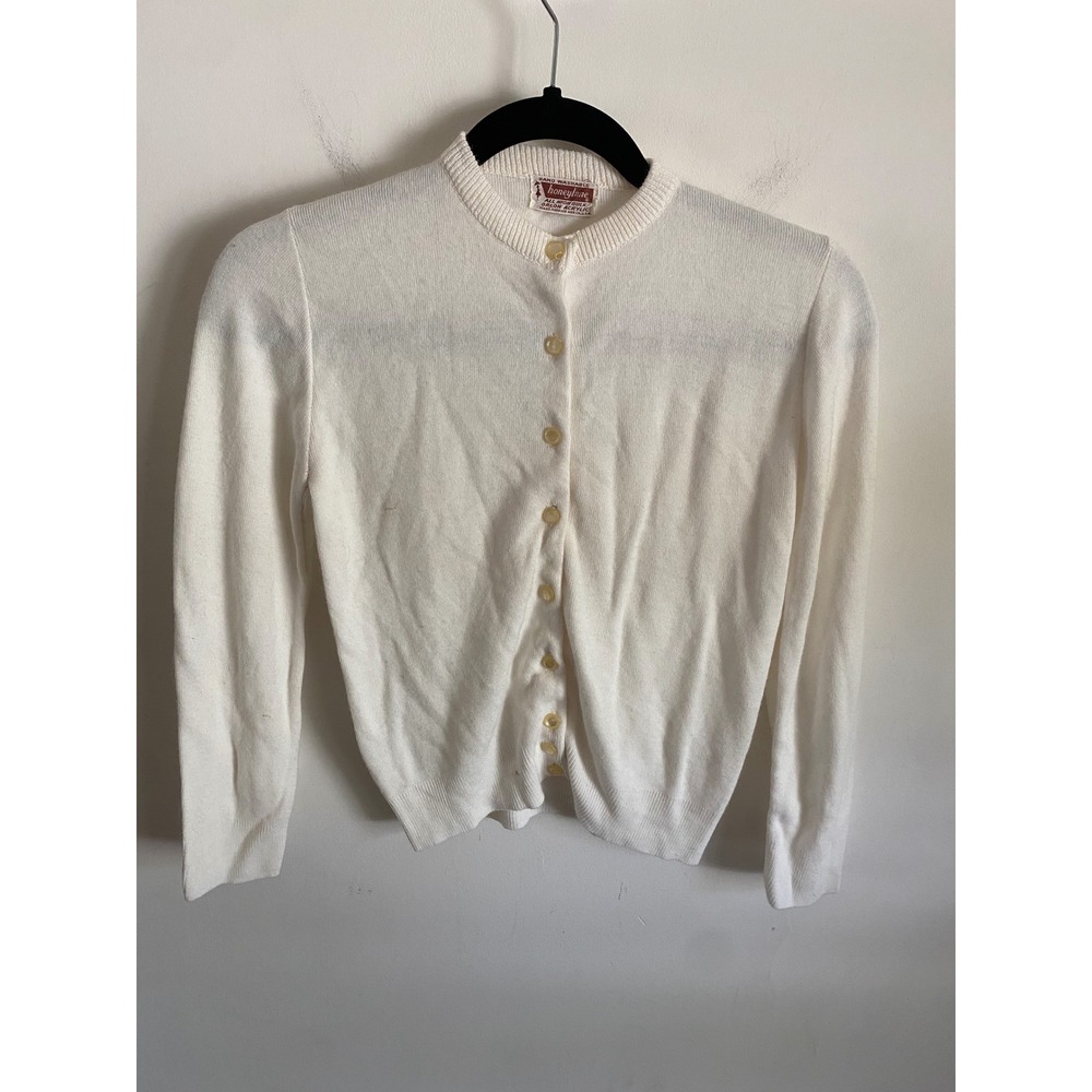 Vintage Honeylane Sears White Orlon Acrylic Button Front Cardigan Sweater L
